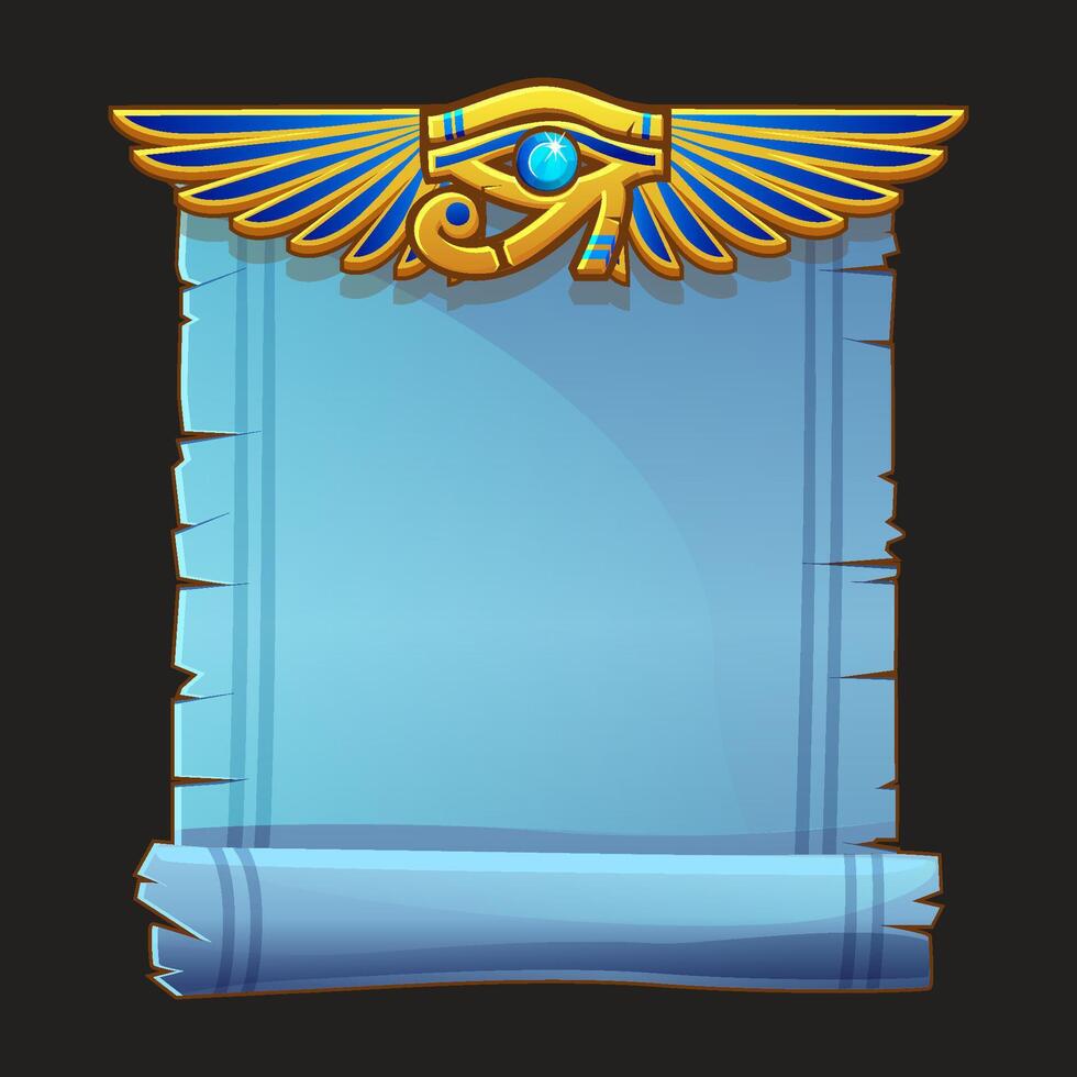 Ancient Egypt papyrus scroll cartoon with Eye of Horus and Egyptian culture religious wings, Egyptian icon, object, background or frame for game development. vector