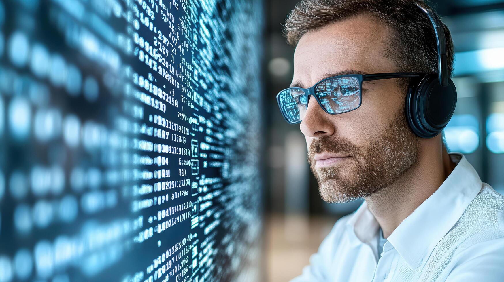 A man wearing glasses and headphones in front of a computer screen photo