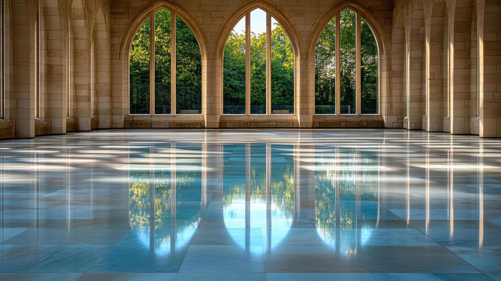 A large room with a large window and a large mirror photo