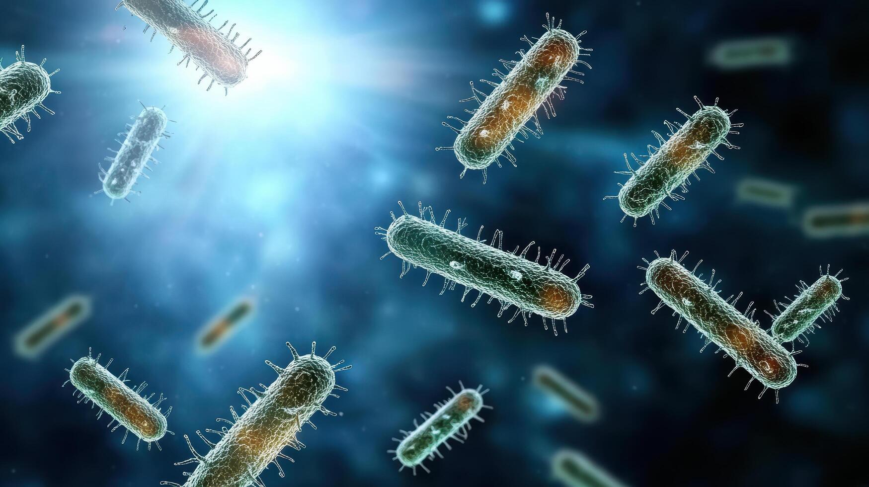 Bacteria in the air, with a bright light shining on them photo