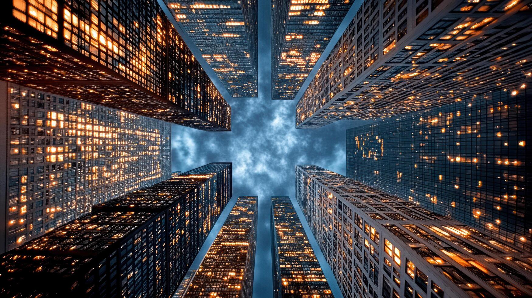 A view of tall buildings at night with clouds in the sky photo