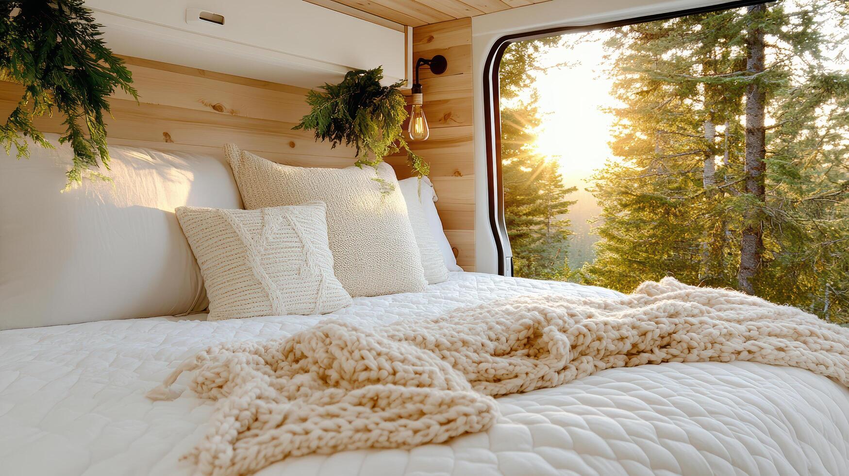 A bed in a camper van with a window open to the forest photo
