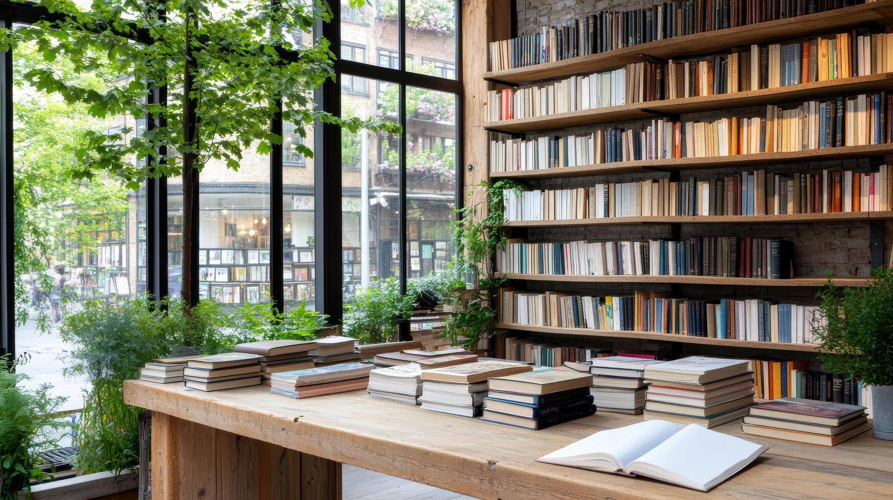 A wooden desk with books and plants in front of a window photo