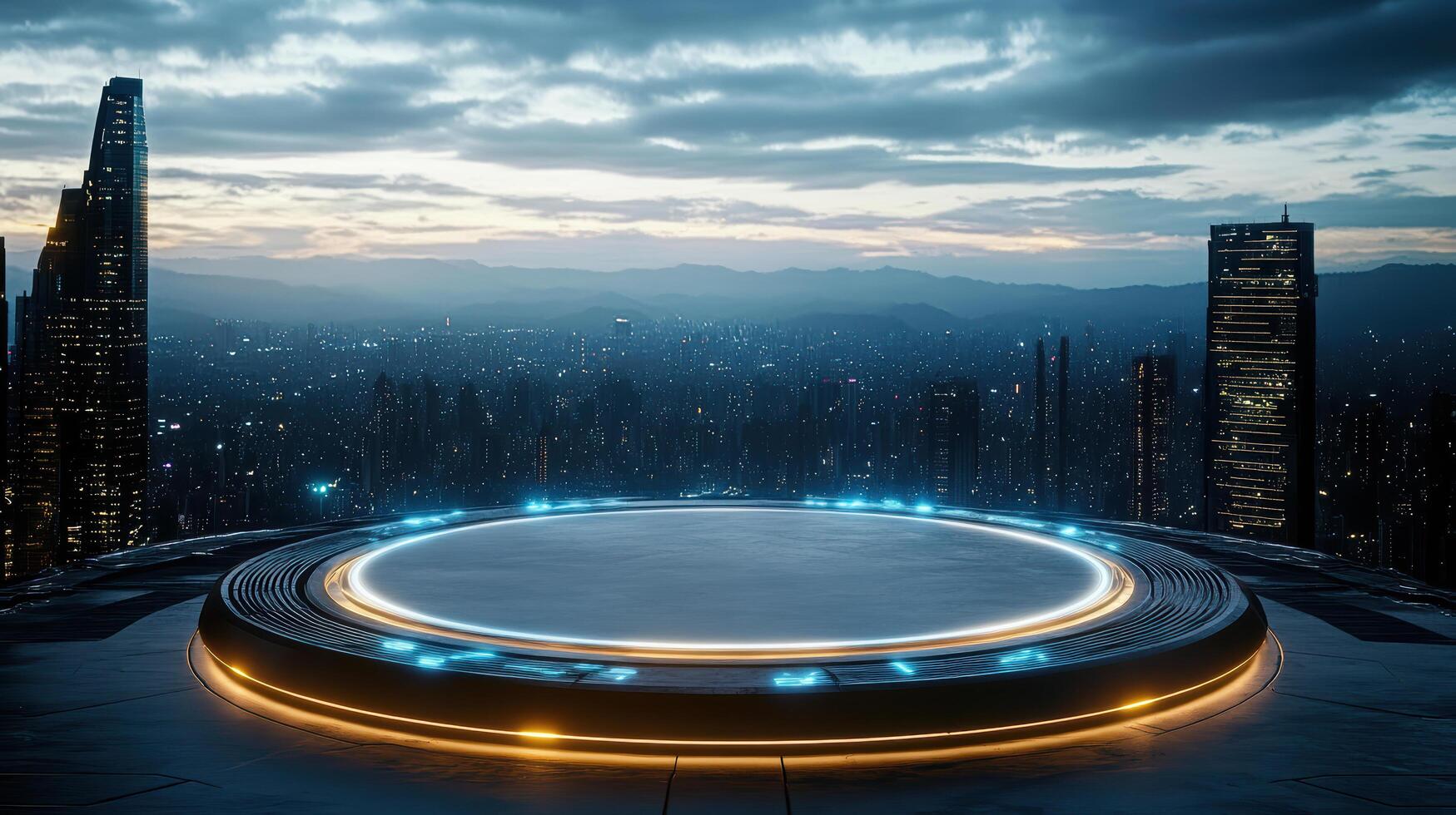 A futuristic city with a circular clock on top photo