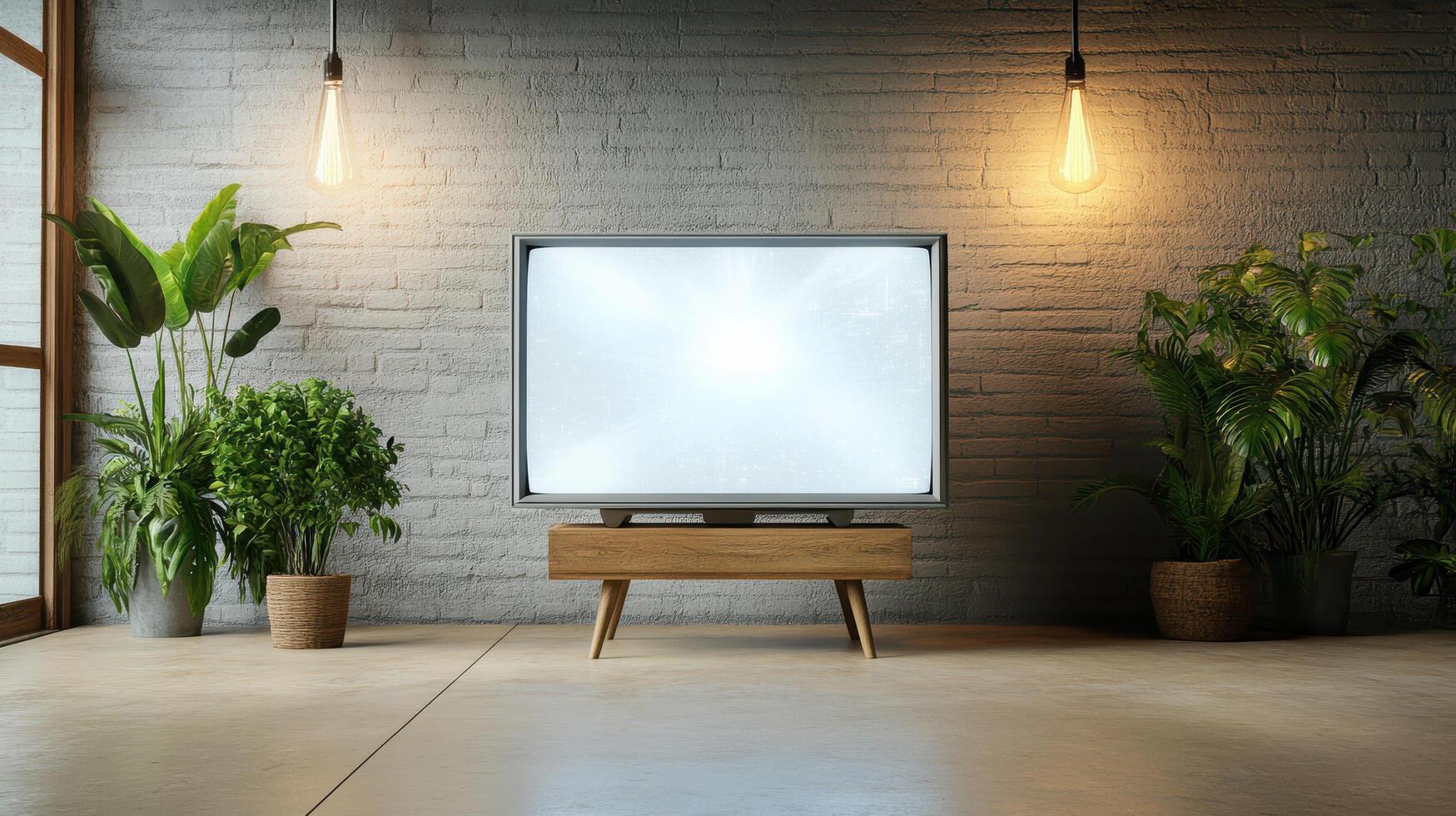 A large television is sitting in front of a brick wall photo