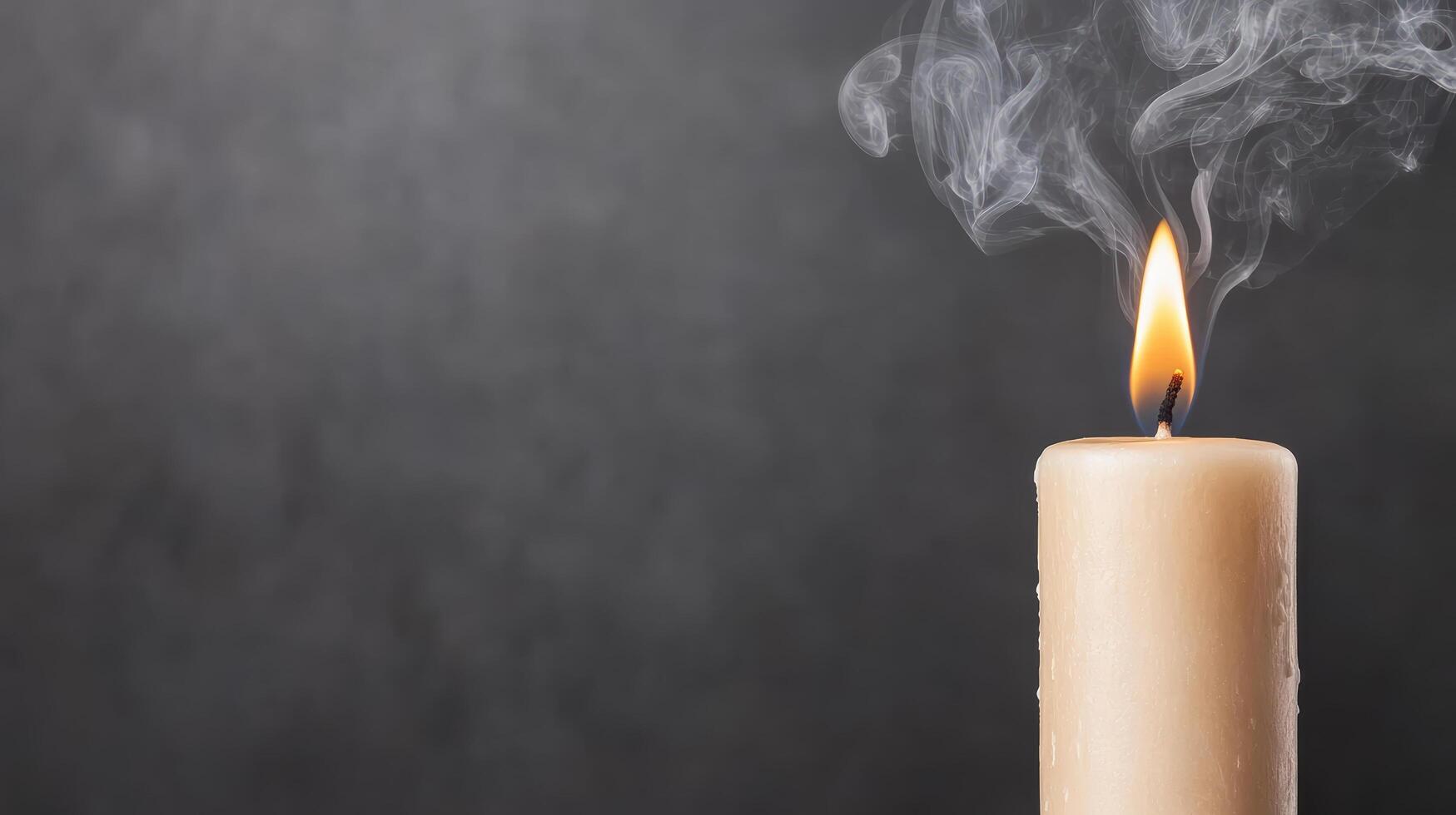 A single candle is lit with smoke coming out of it photo