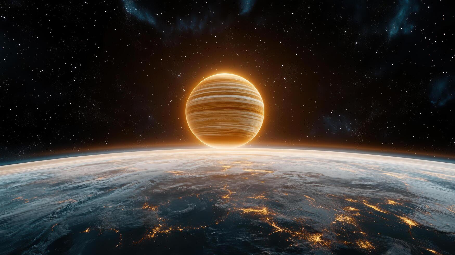 An image of the planet with a bright yellow ring photo