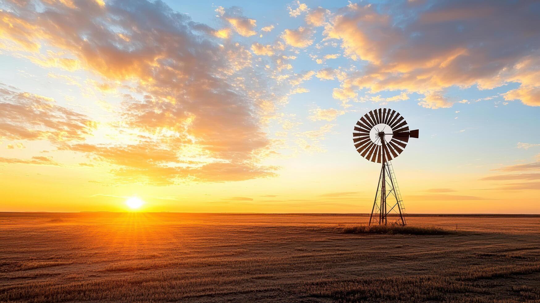 A windmill stands in the middle of a field at sunset photo