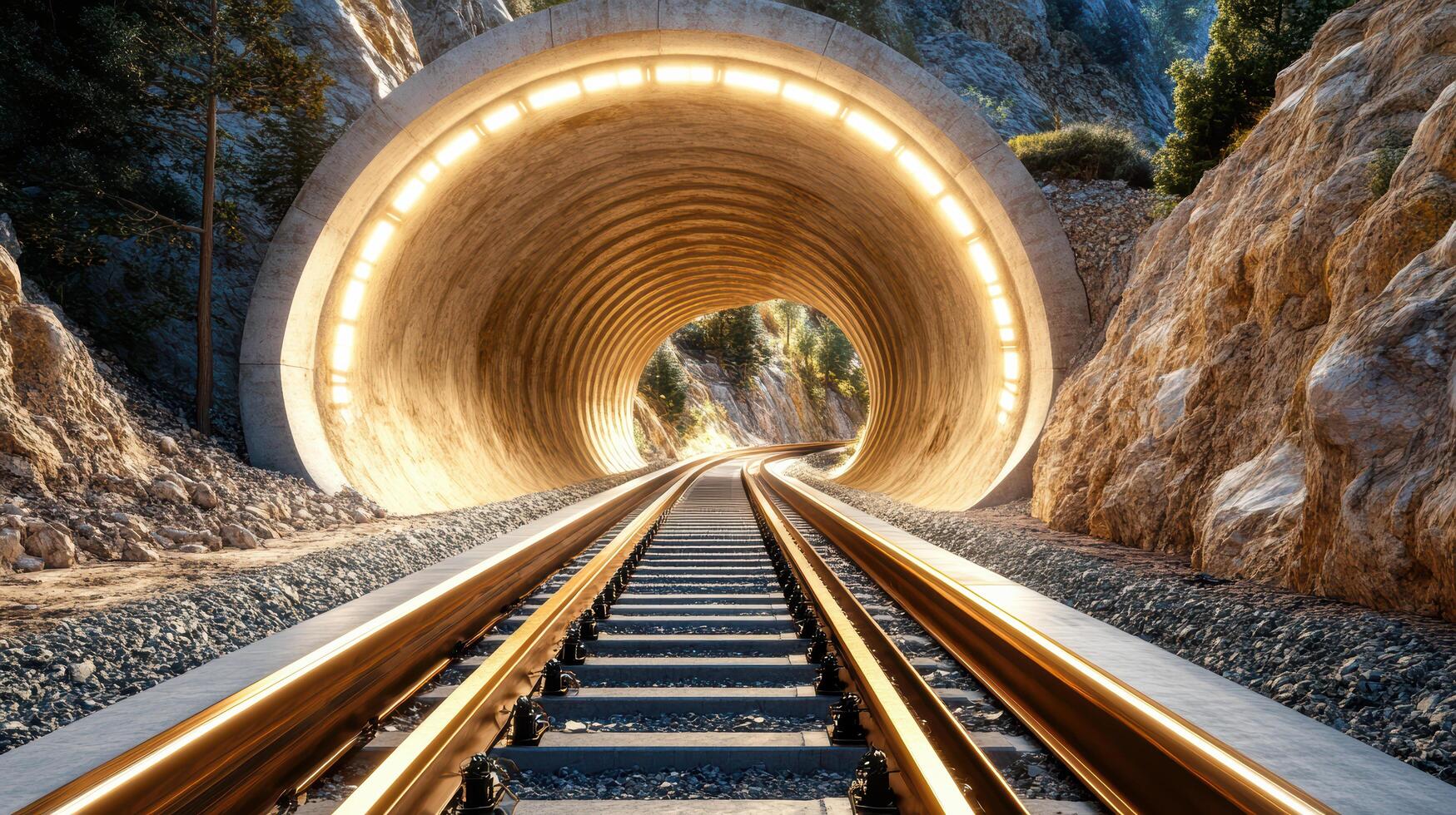 A tunnel with a train going through it photo