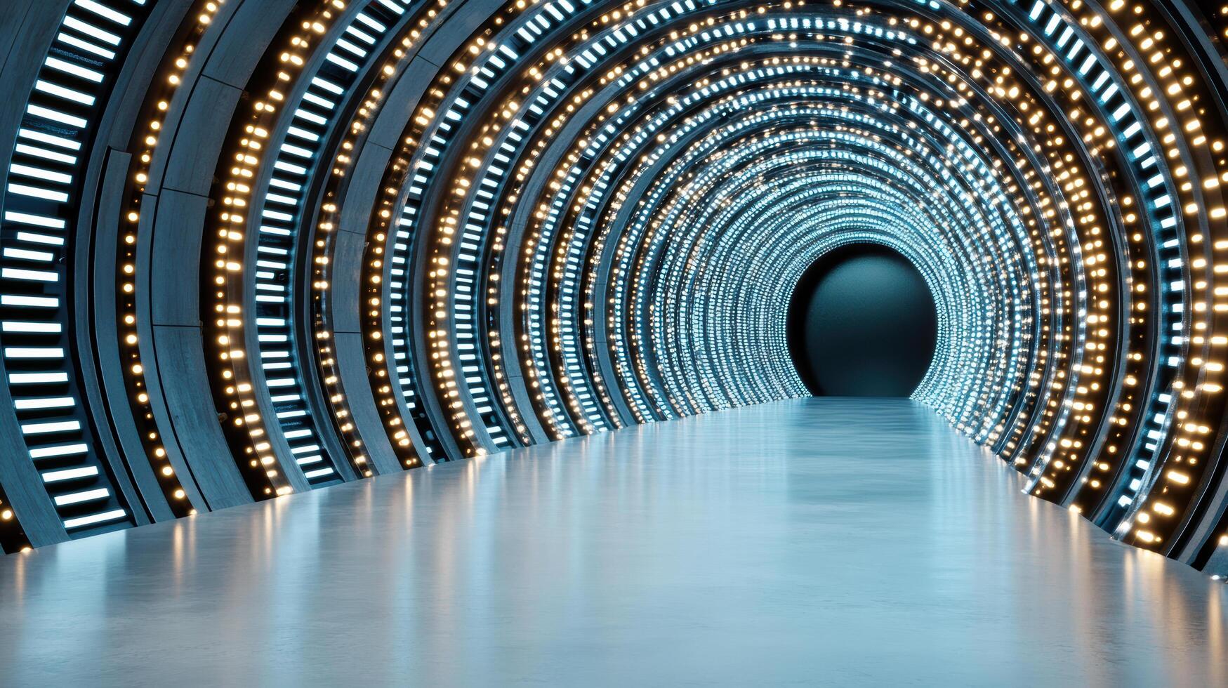A long tunnel with lights on the walls photo