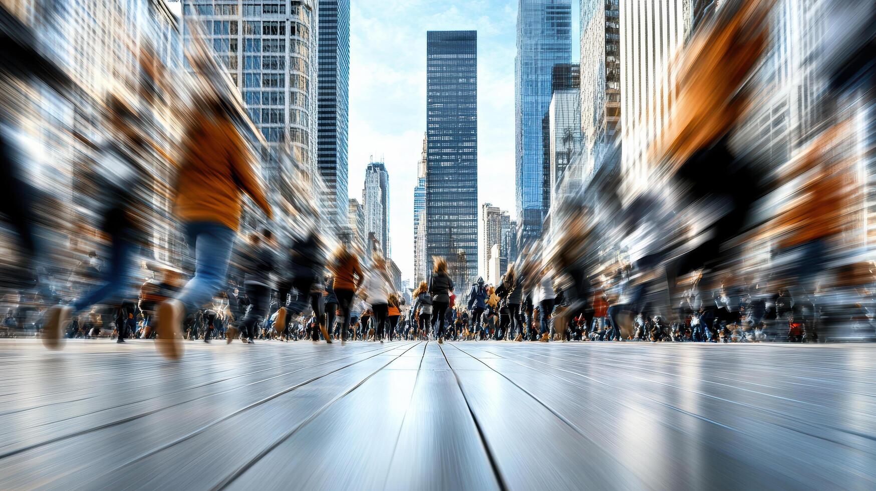Blurred image of people walking in a city photo