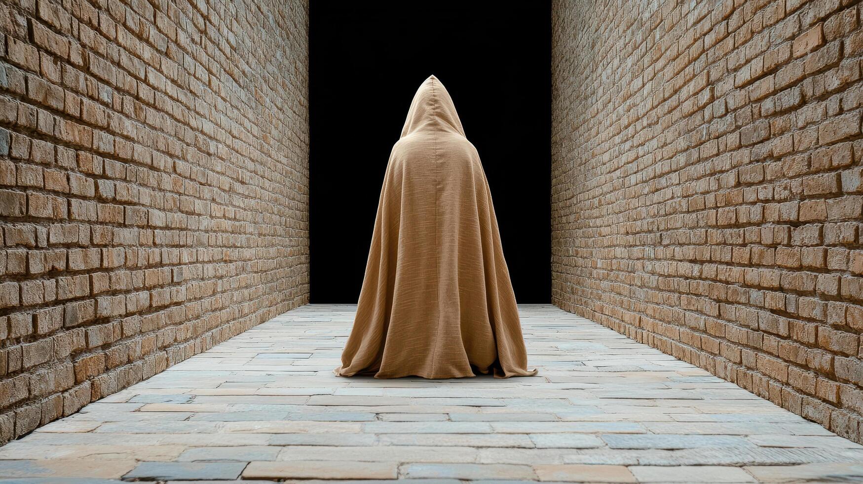 A person in a hooded cloak standing in a dark tunnel photo