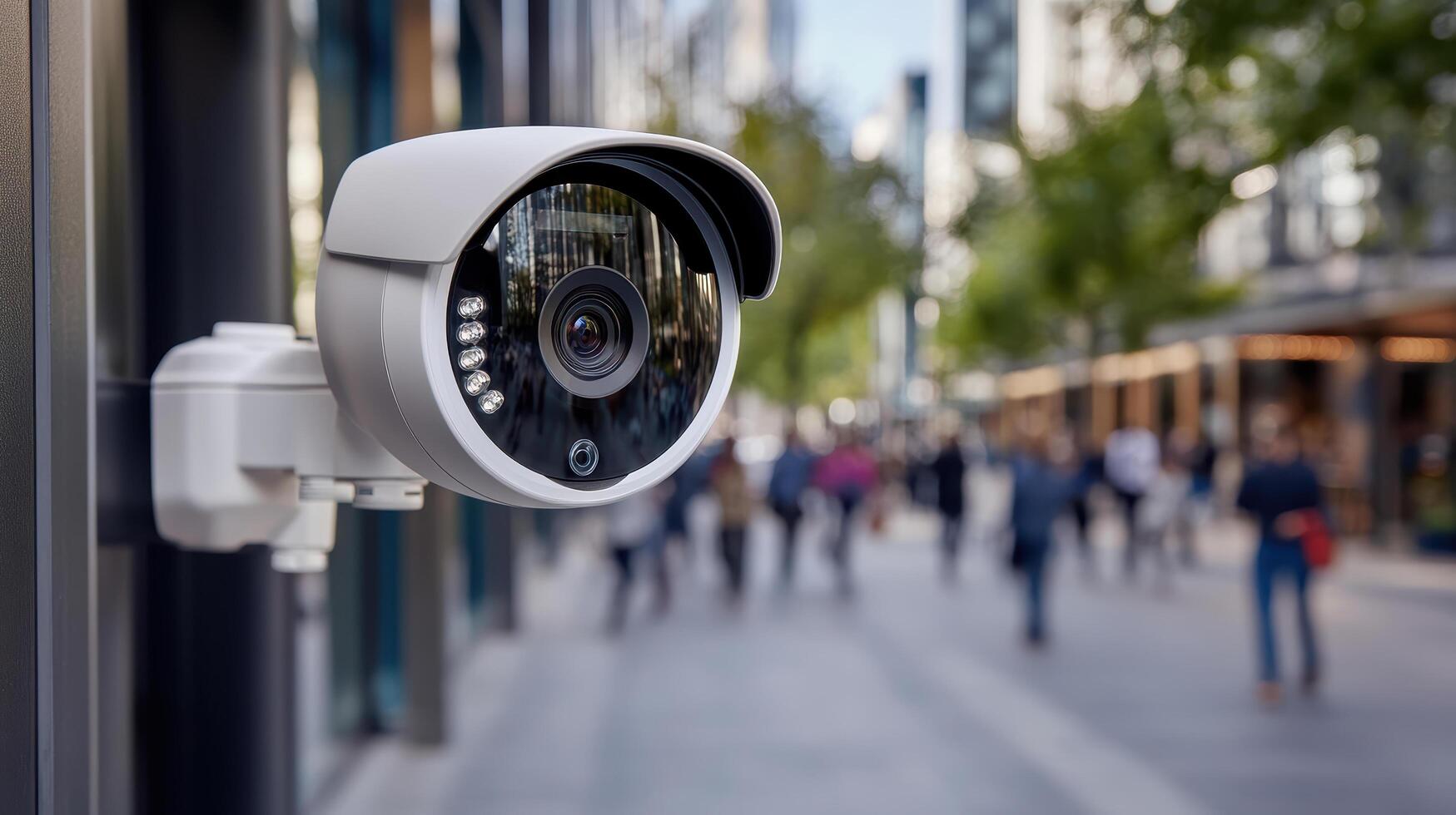 A security camera mounted on a wall in front of a building photo