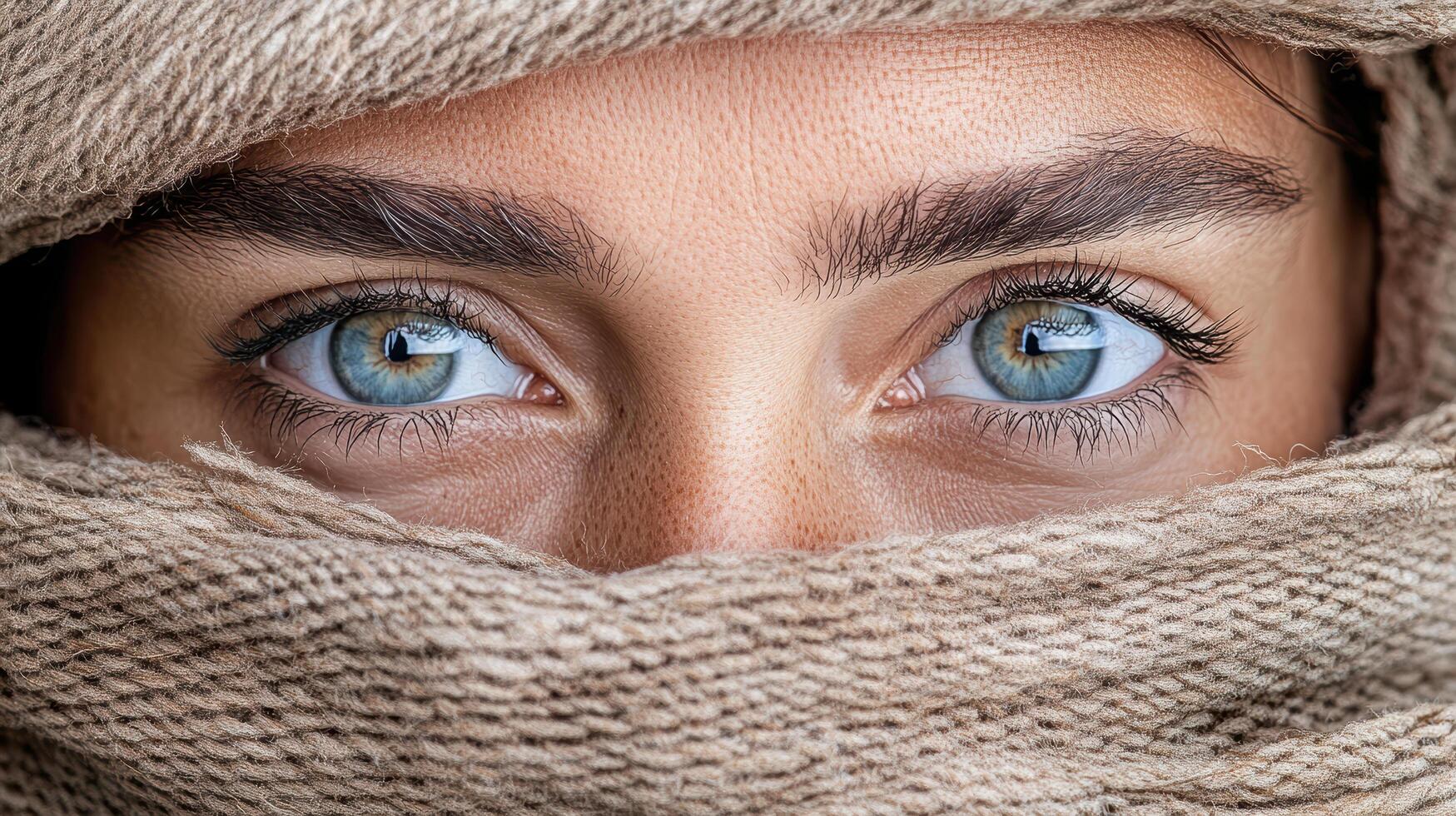 A woman with blue eyes covered in a blanket photo