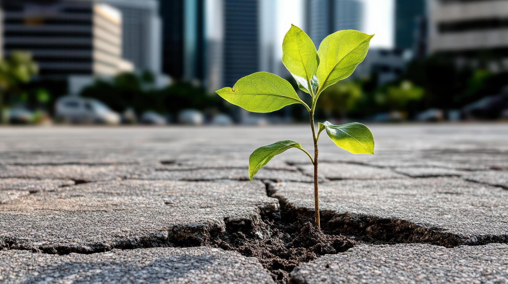 A plant sprouting from the crack in the pavement photo