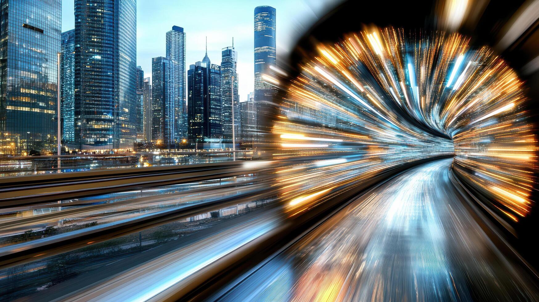 A blurry image of a city with a train going through it photo