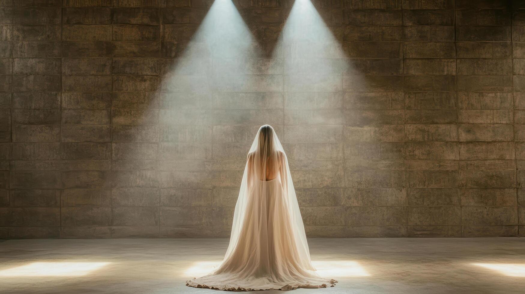 A bride standing in front of a wall with light coming from the ceiling photo