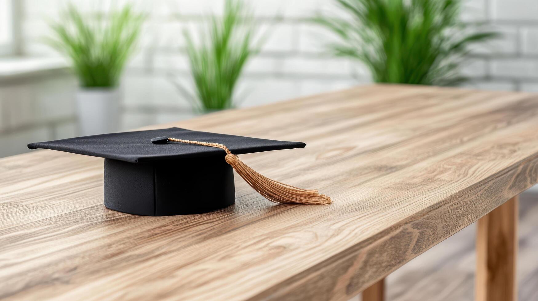 A graduation cap sits on a wooden table photo