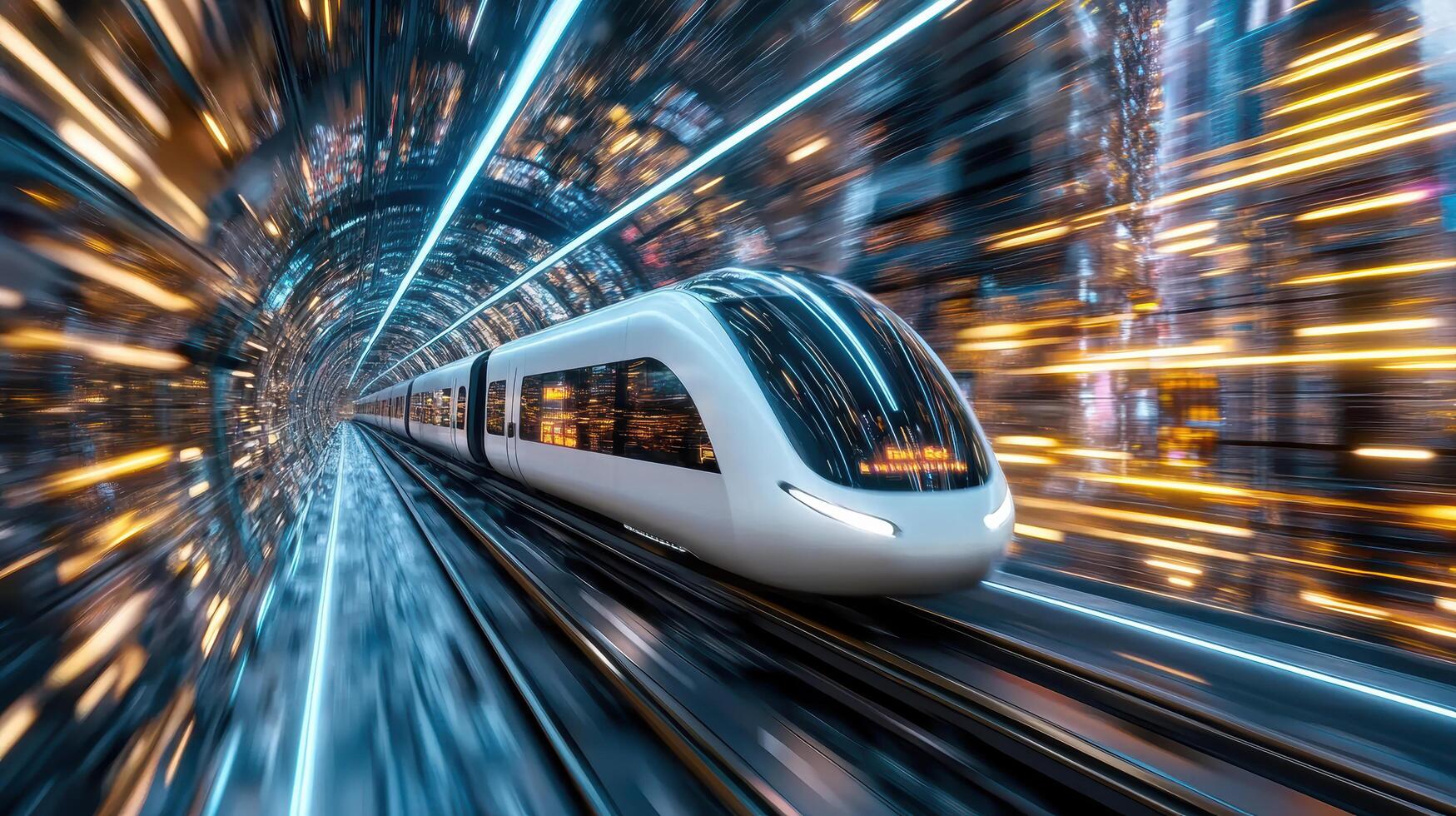 A train moving through a tunnel with lights photo