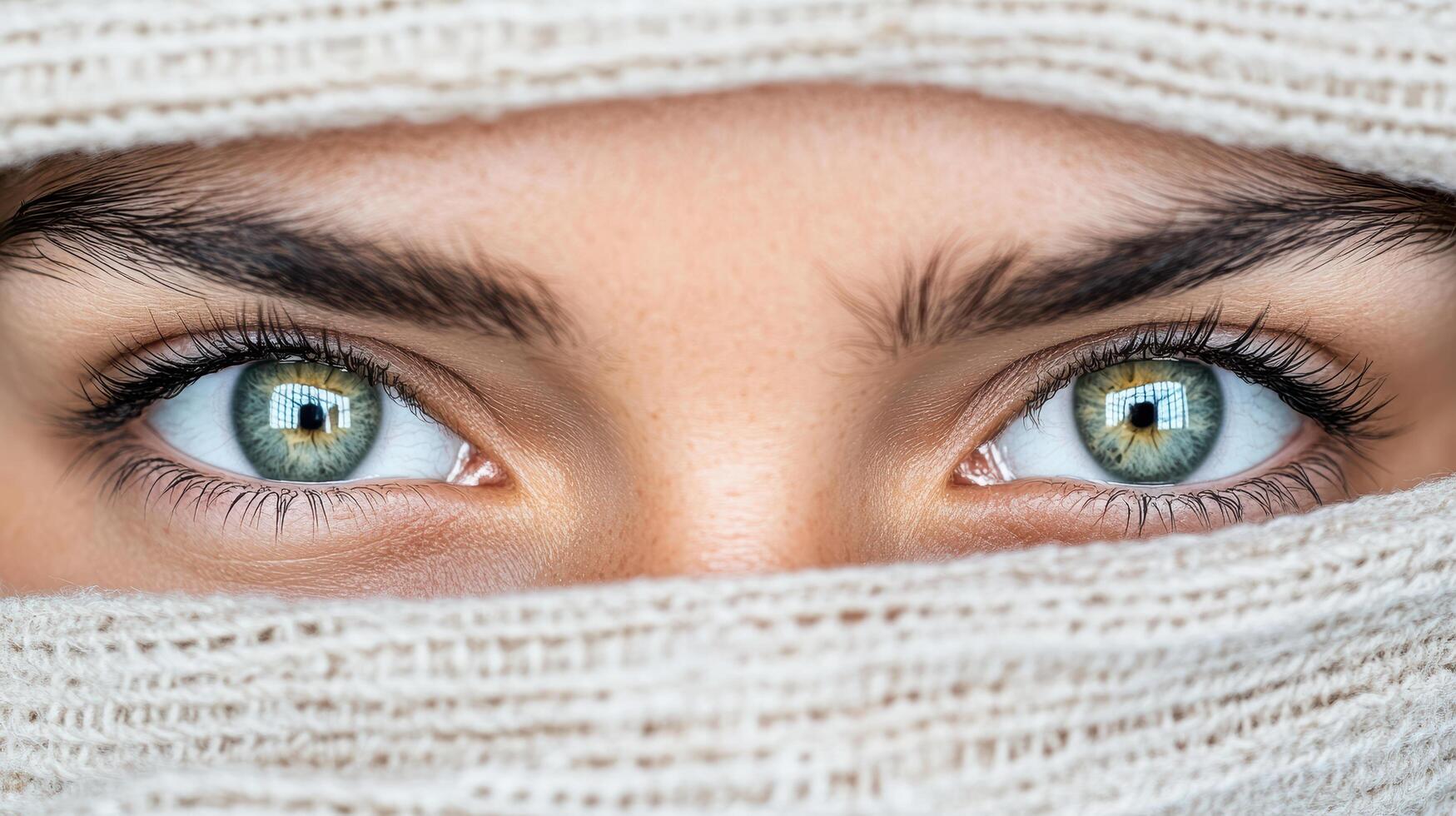 A woman with green eyes covered by a scarf photo