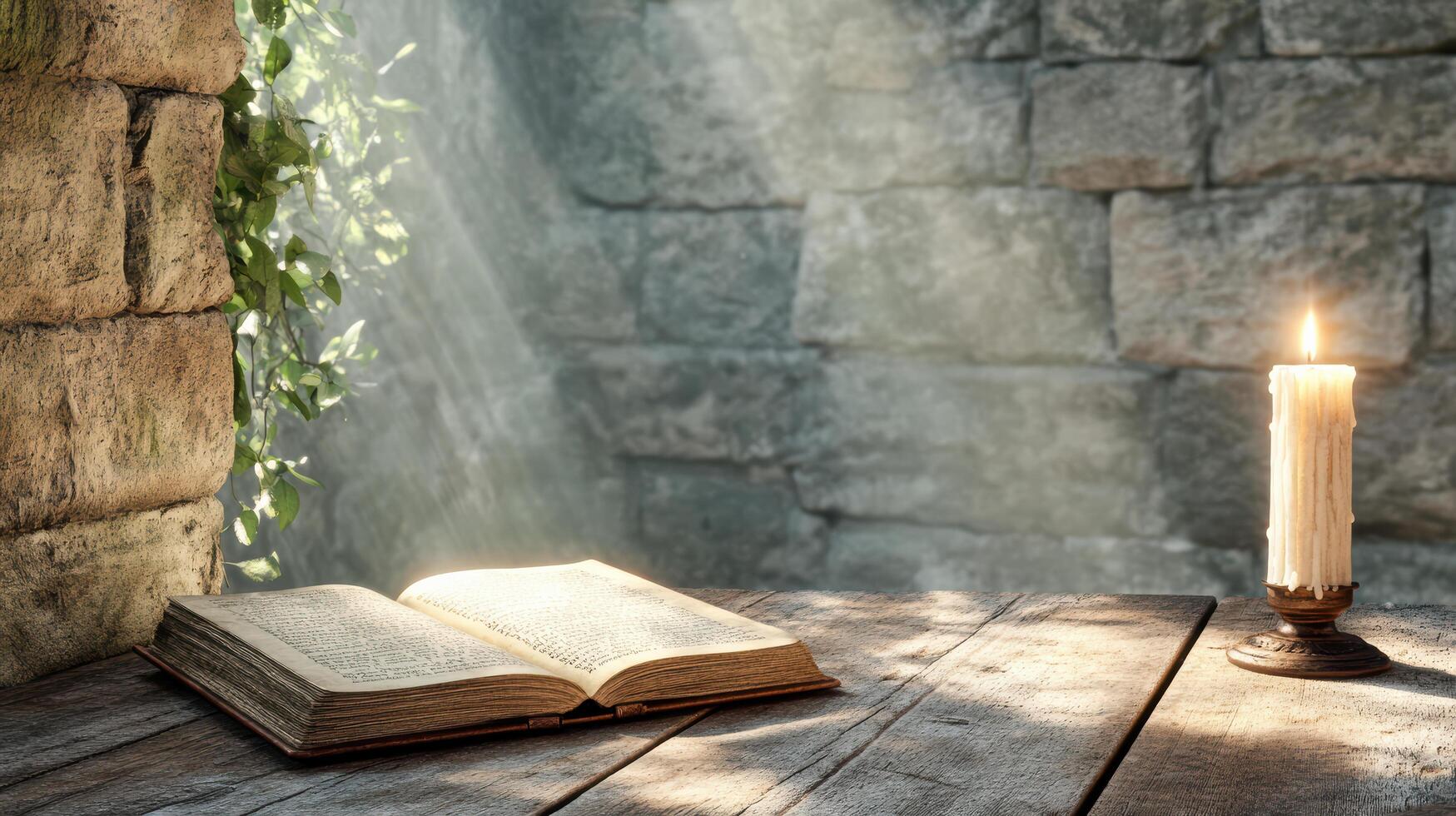 An open book and candle on a wooden table photo