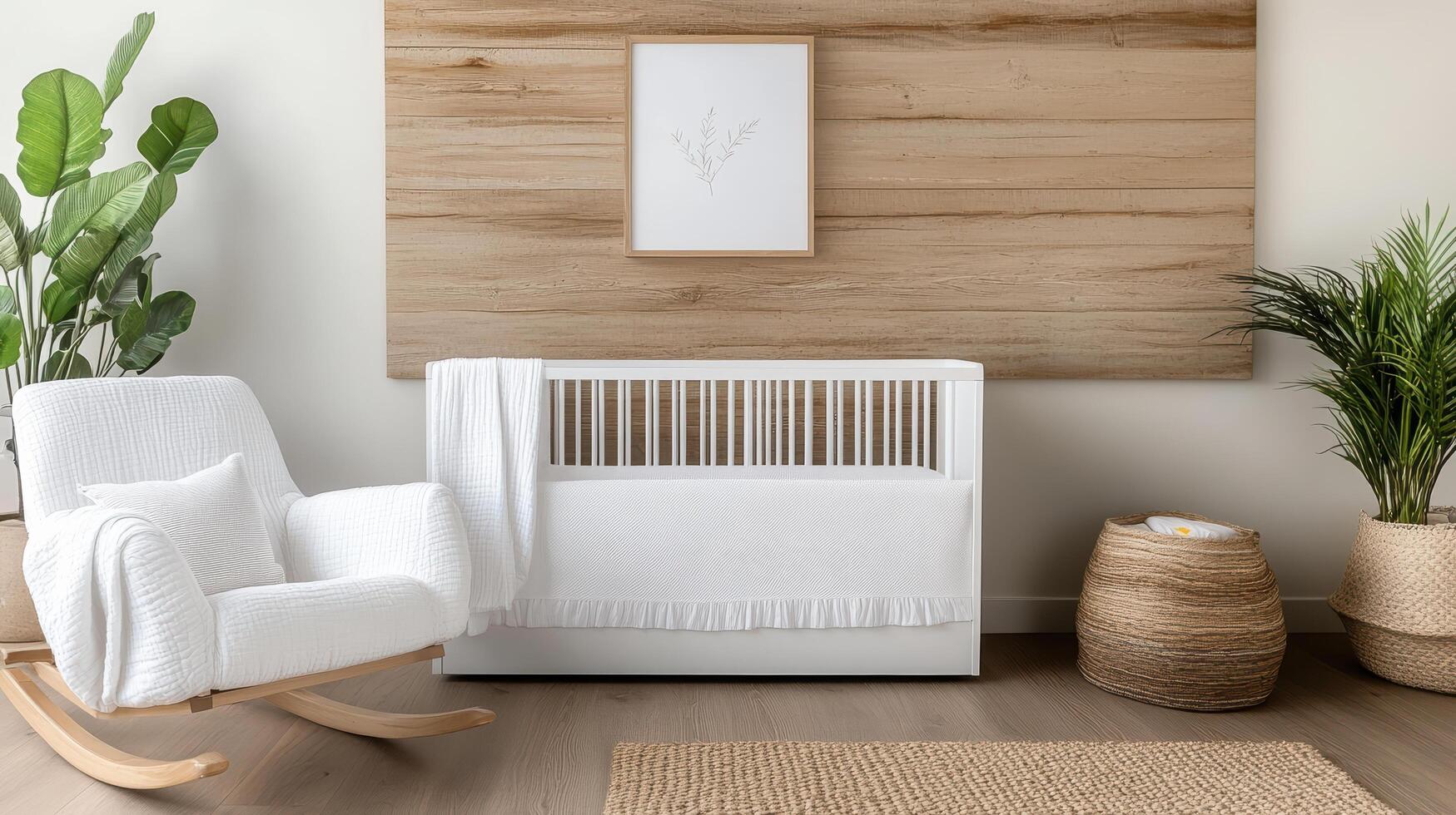 A white crib and rocking chair in a room photo
