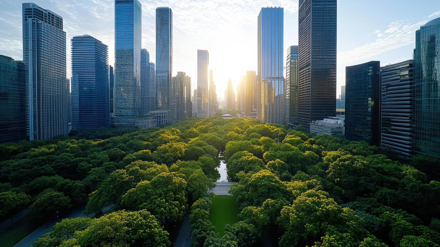 A city with tall buildings and trees in the foreground photo