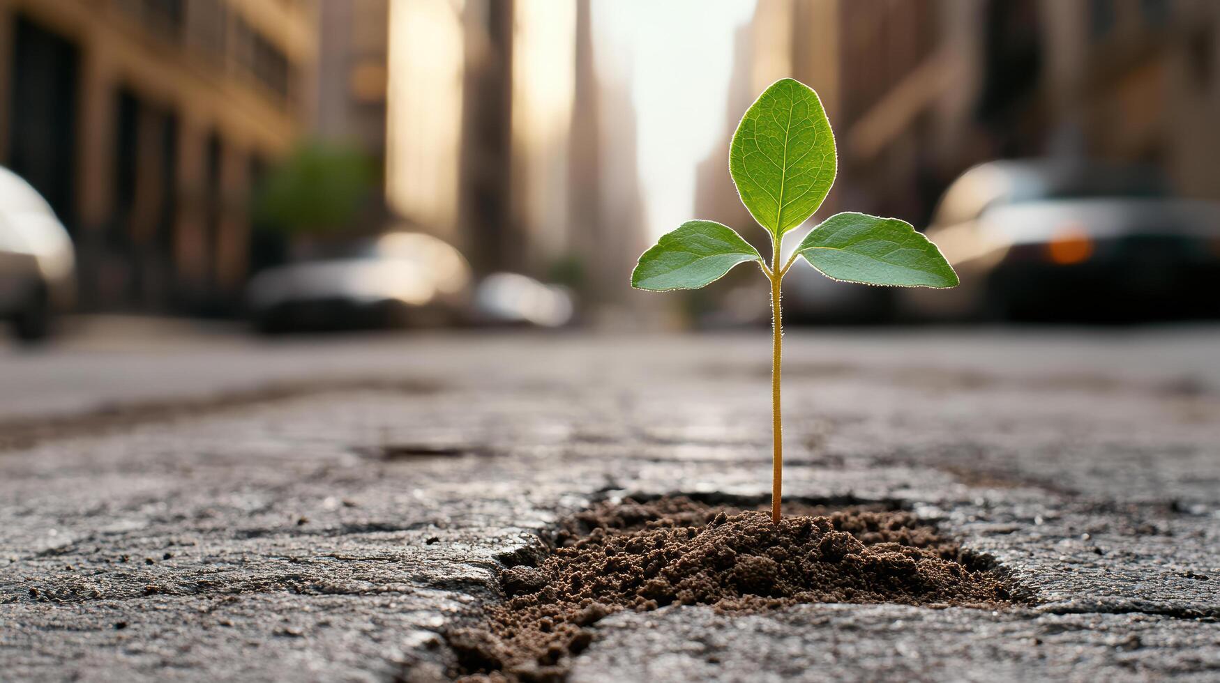 A small plant growing out of the ground in the middle of a city street photo
