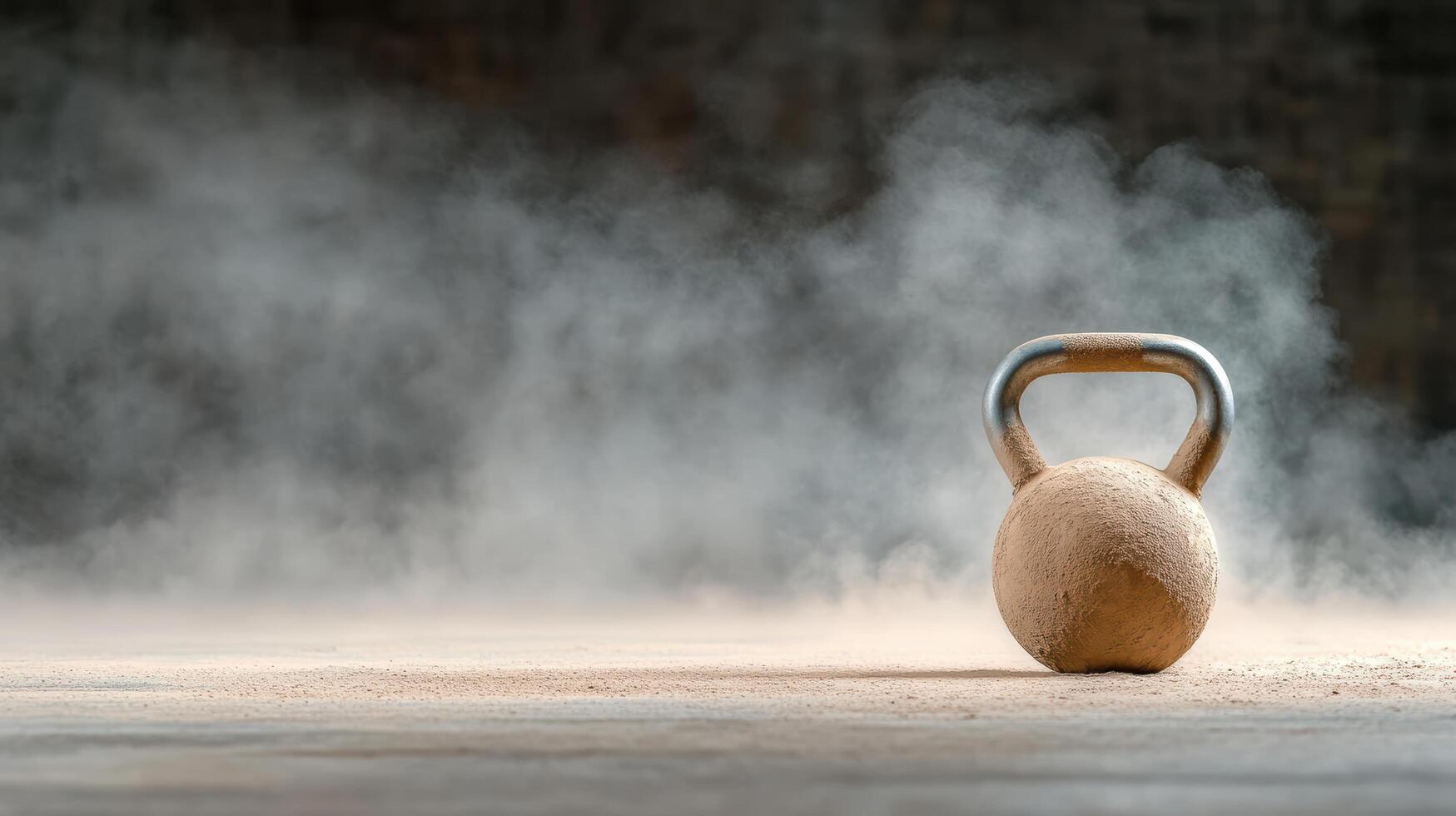 A kettlebell on a wooden floor with smoke coming out of it photo