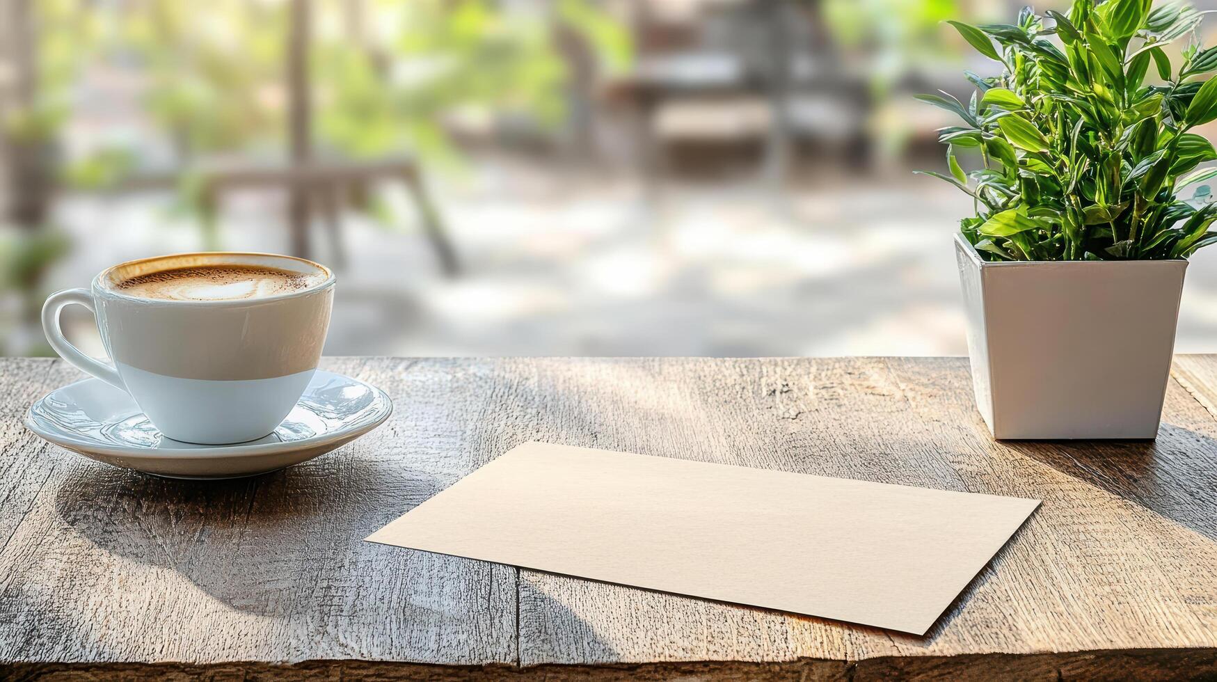 A cup of coffee and a blank card on a wooden table with a potted plant photo