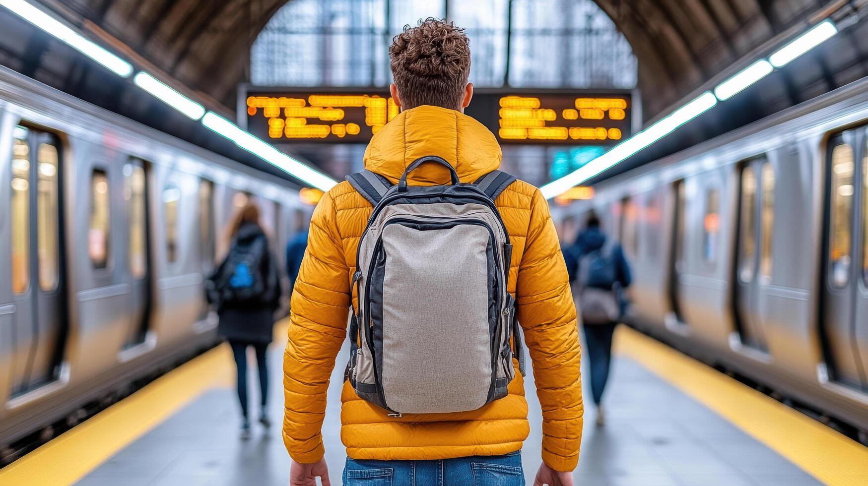 A man with a backpack standing in front of a subway train photo