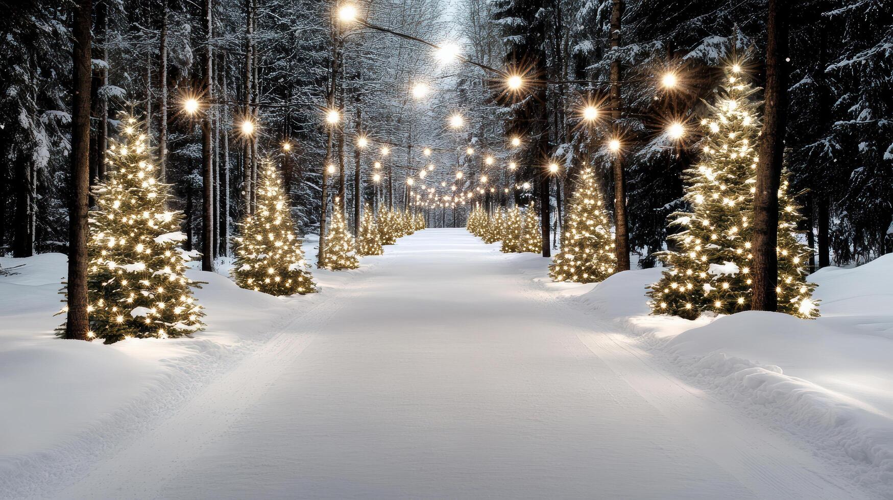A snowy path lined with trees and lights photo