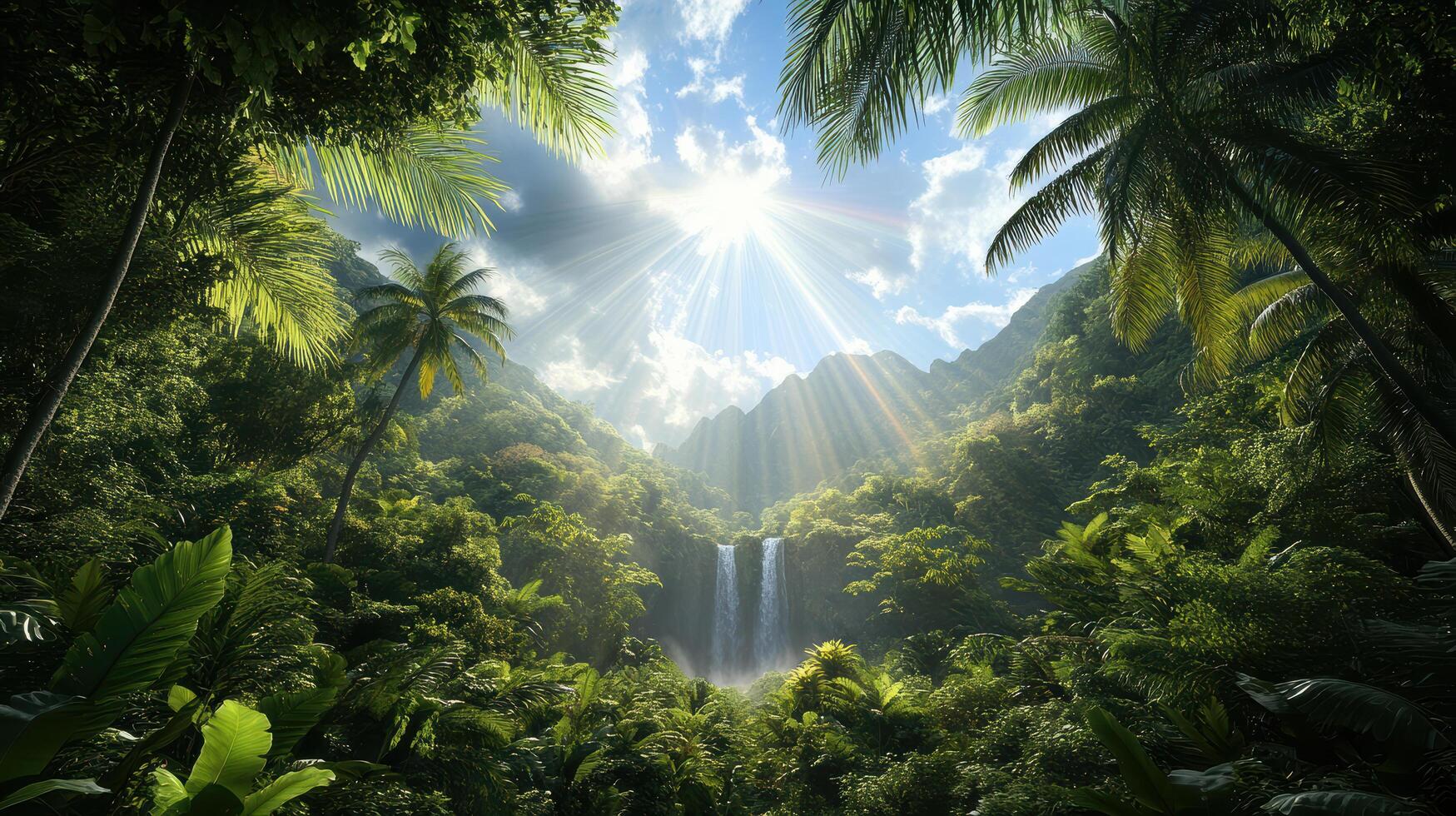 A tropical forest with a waterfall and sun shining through photo