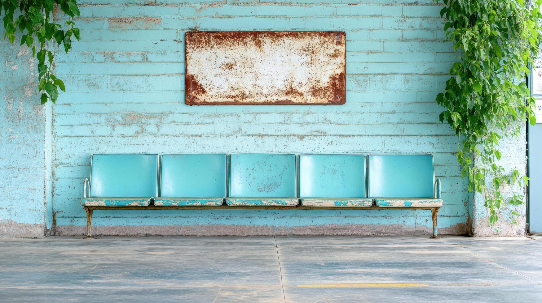 A blue bench sitting in front of a wall photo