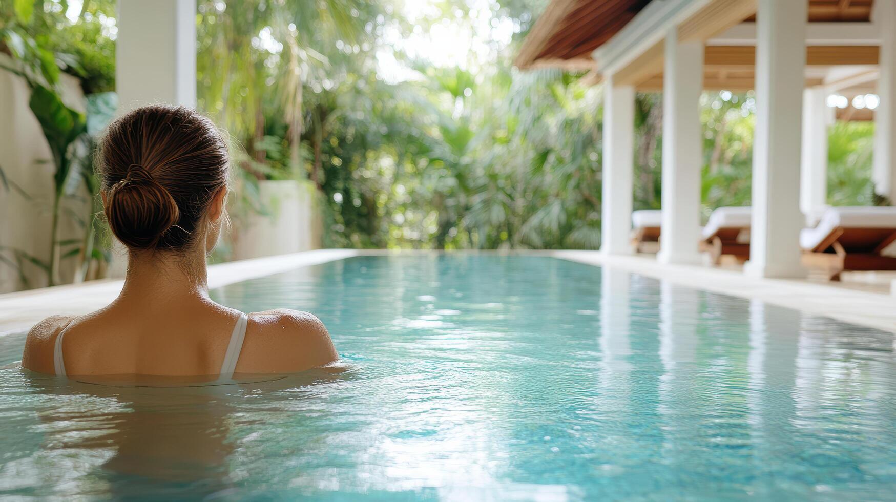 A woman is relaxing in the pool at a resort photo