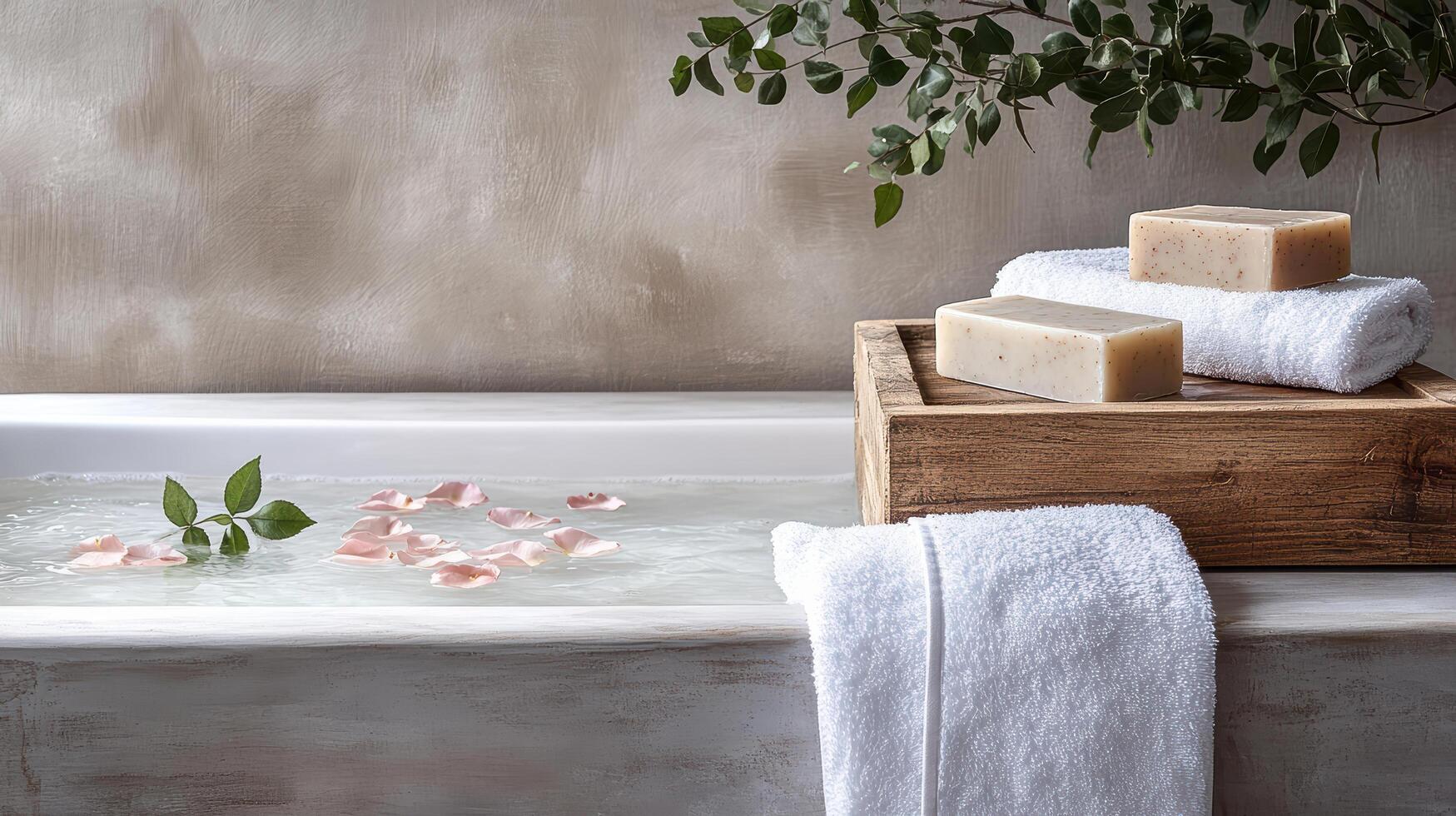 A bathtub with towels and soap photo