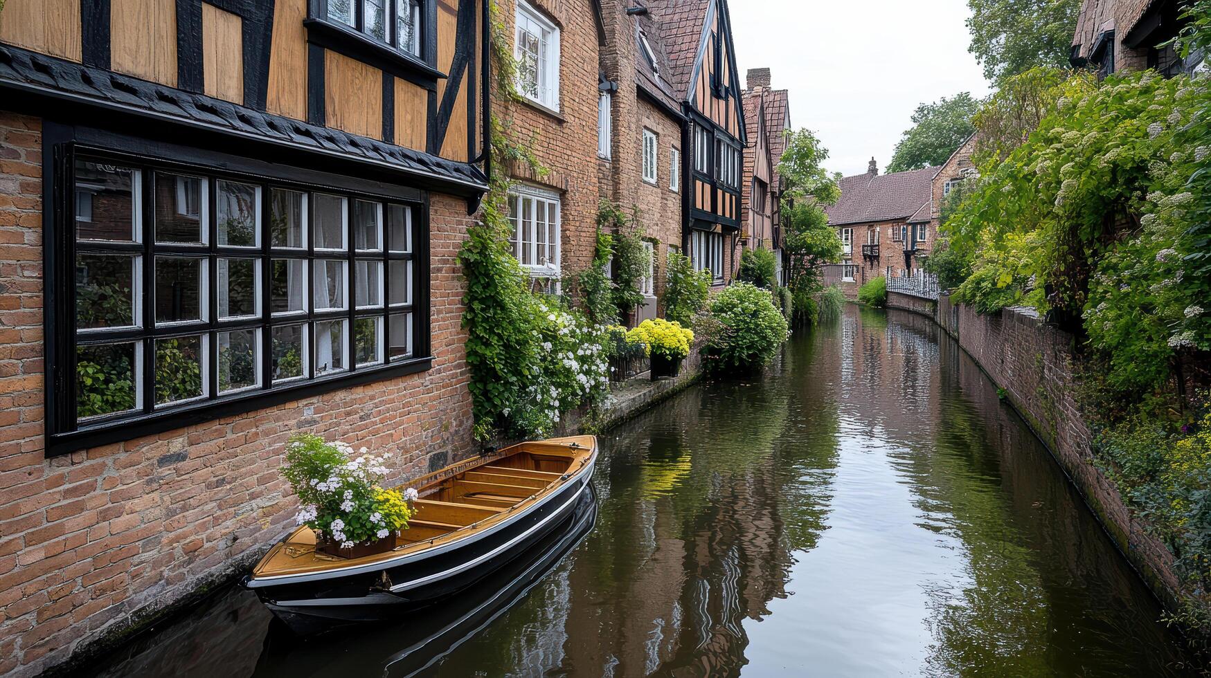A boat is sitting on a canal in a city photo