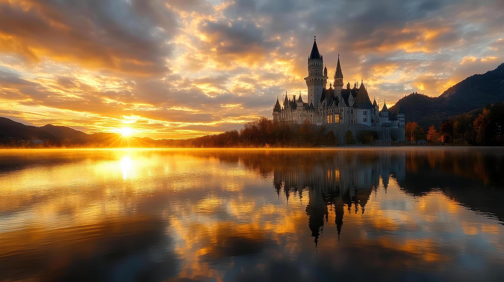 The sun sets over a castle in the mountains photo