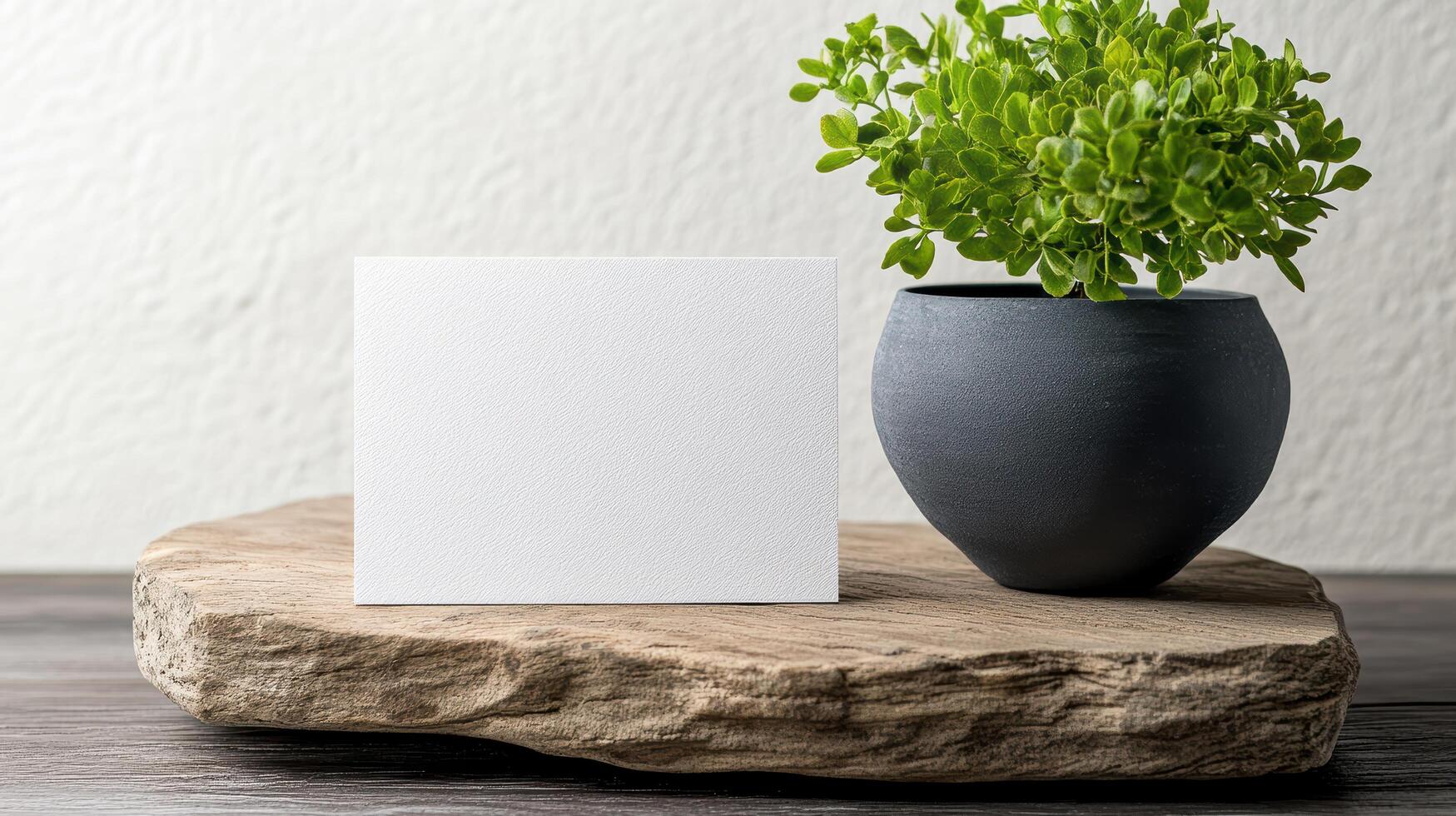 Blank card on a wooden table with a plant photo