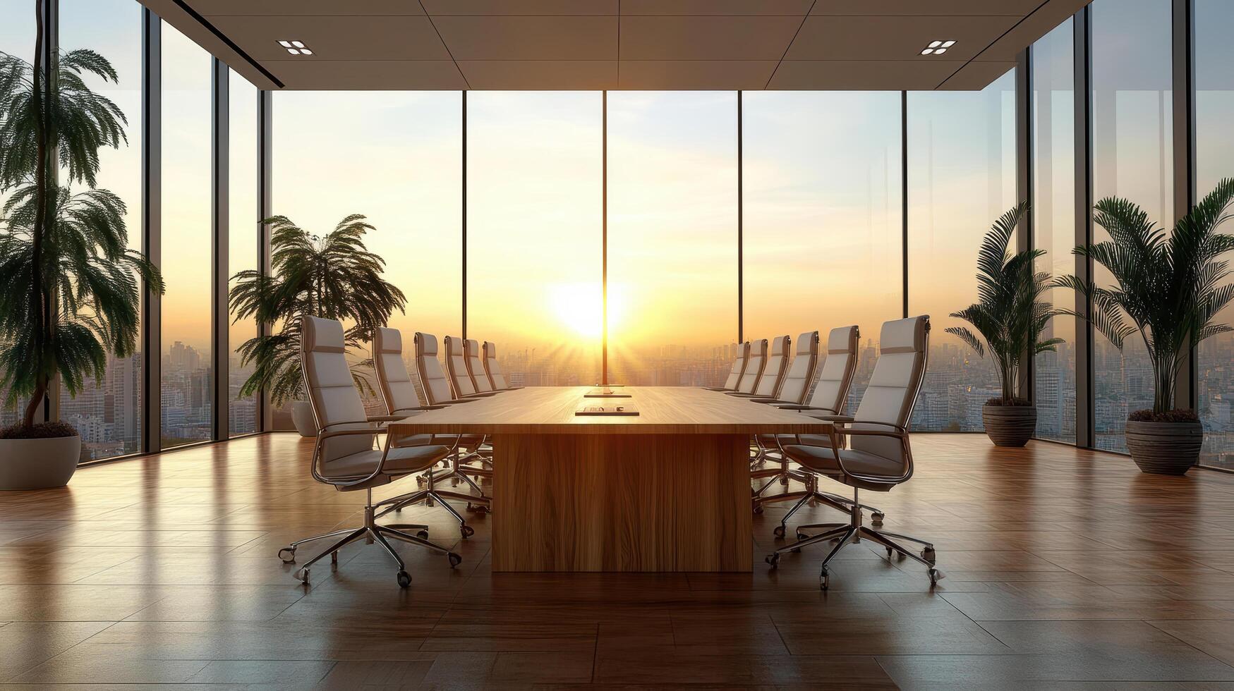 A conference room with a table and chairs in front of a window photo