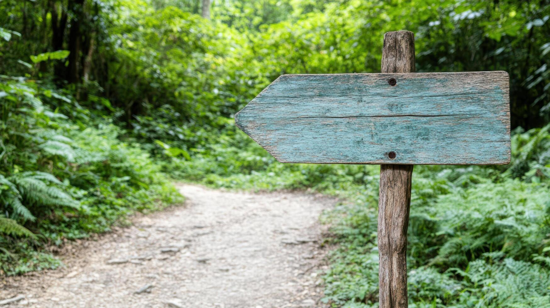 A wooden sign pointing to a path in the forest photo