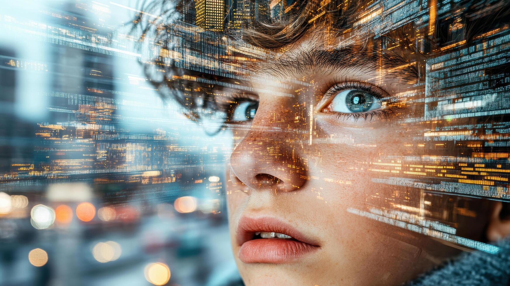 A young boy looking up at a city skyline with a digital image of a computer screen photo