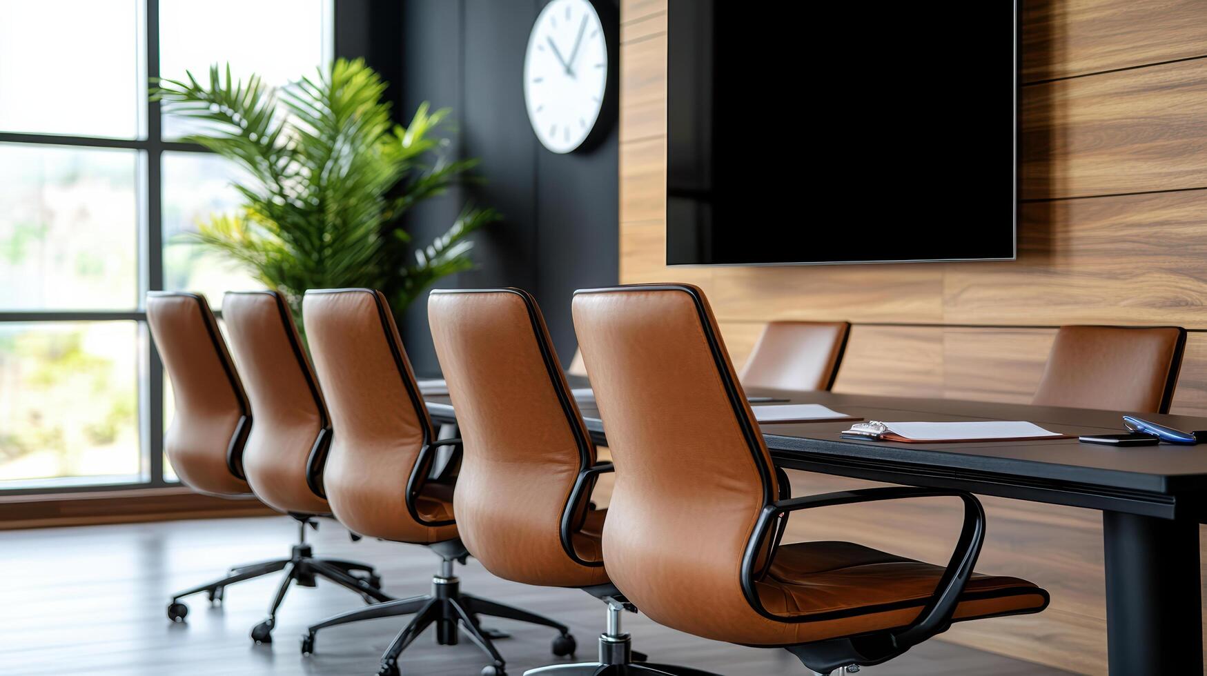 A conference room with leather chairs and a clock photo
