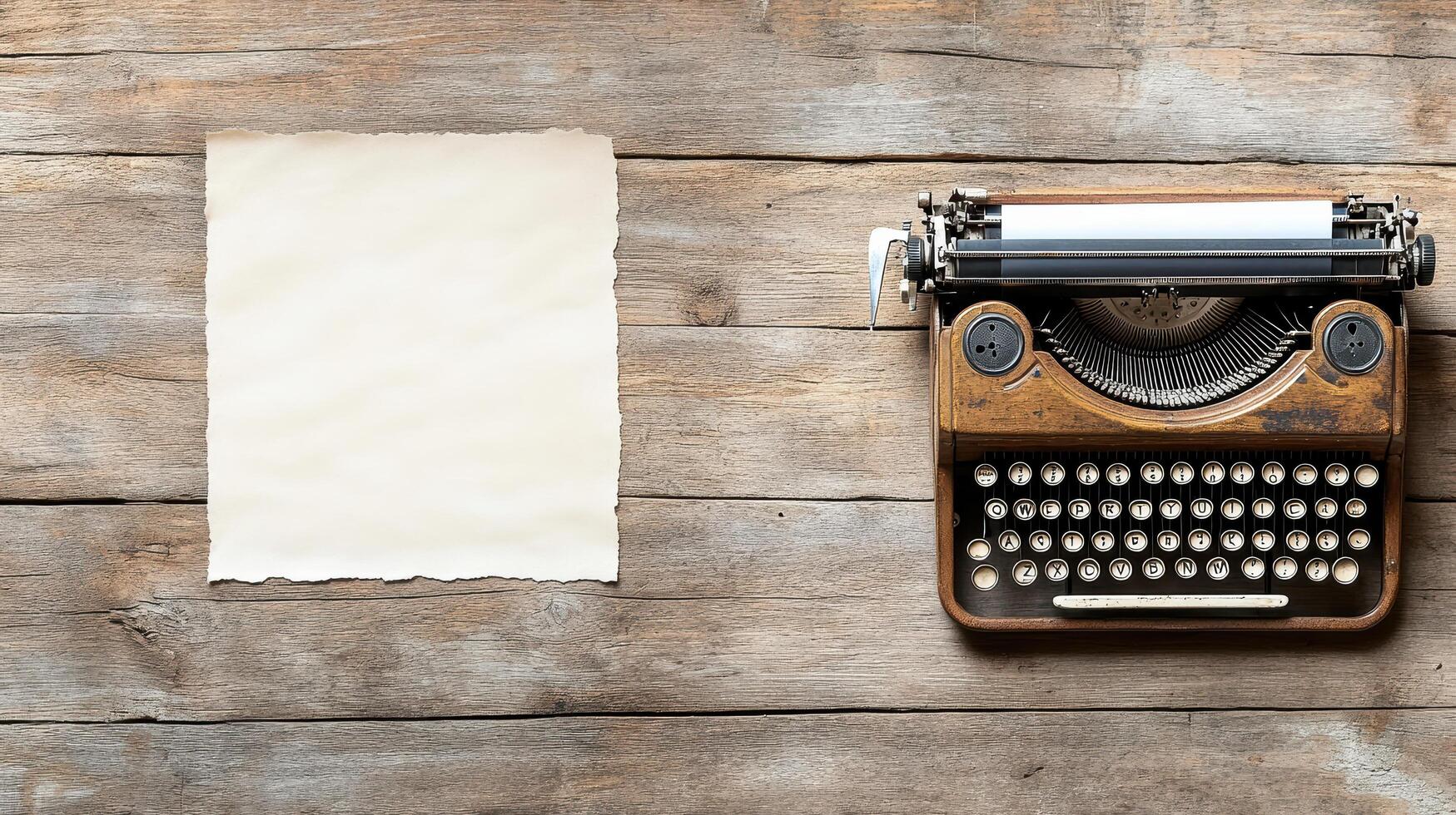 An old typewriter and a blank paper on a wooden table photo