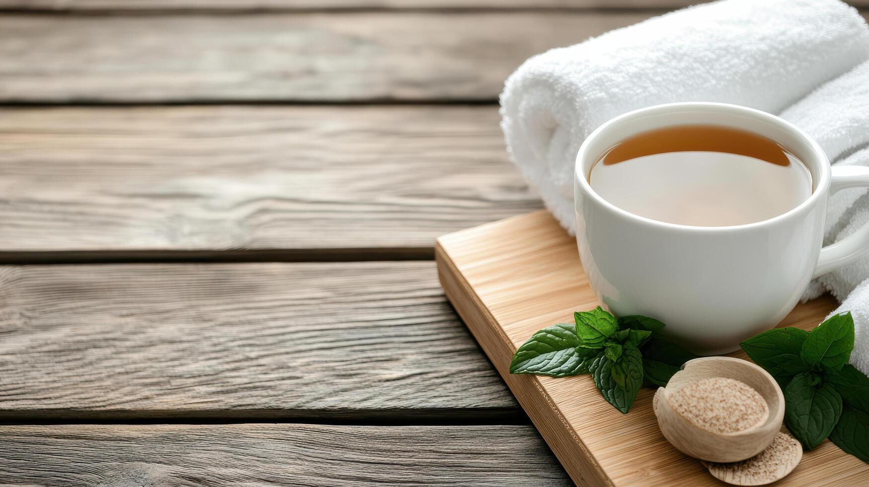 A cup of tea and a towel on a wooden table photo