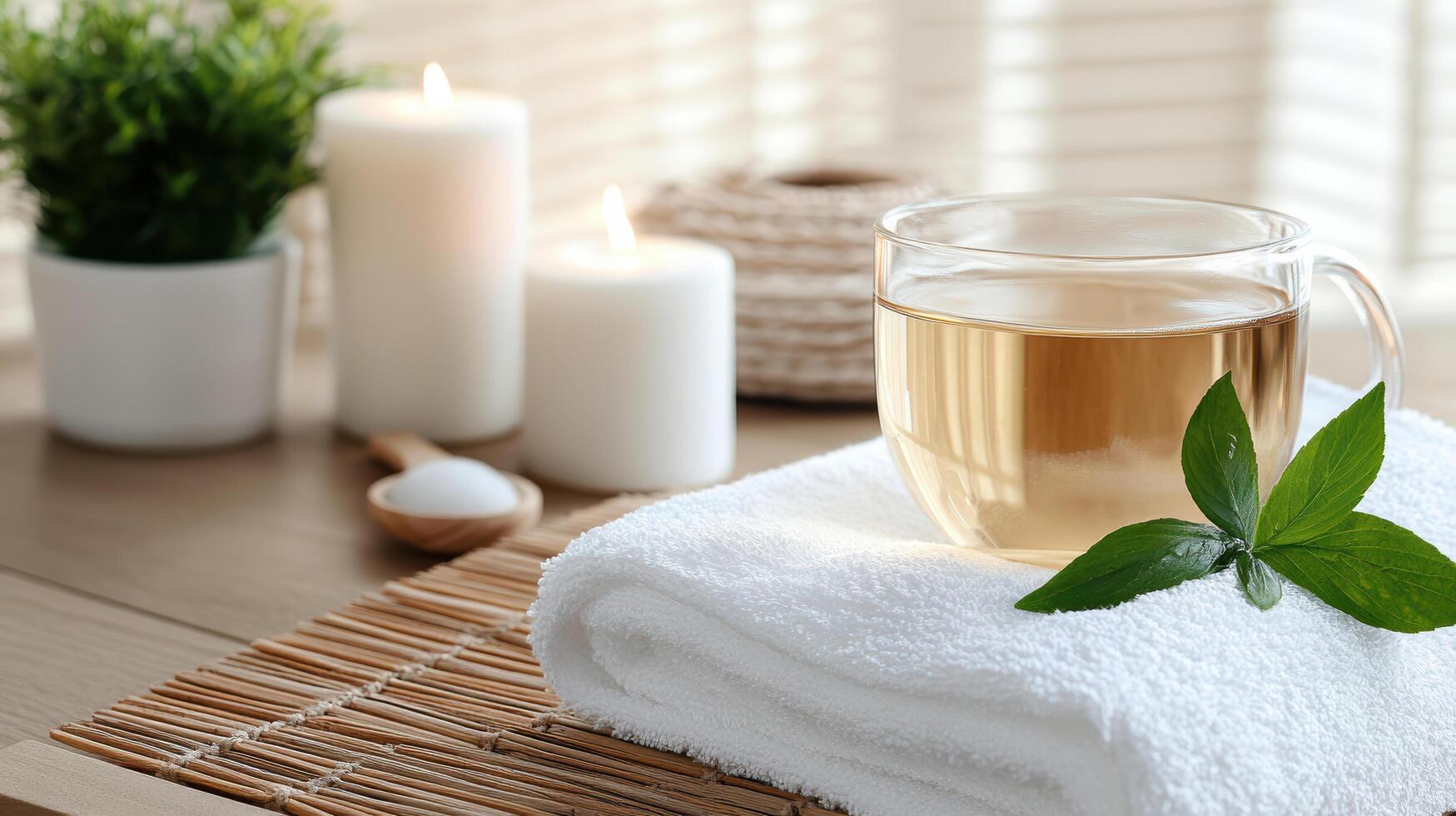 A glass of tea and a towel with a green leaf photo