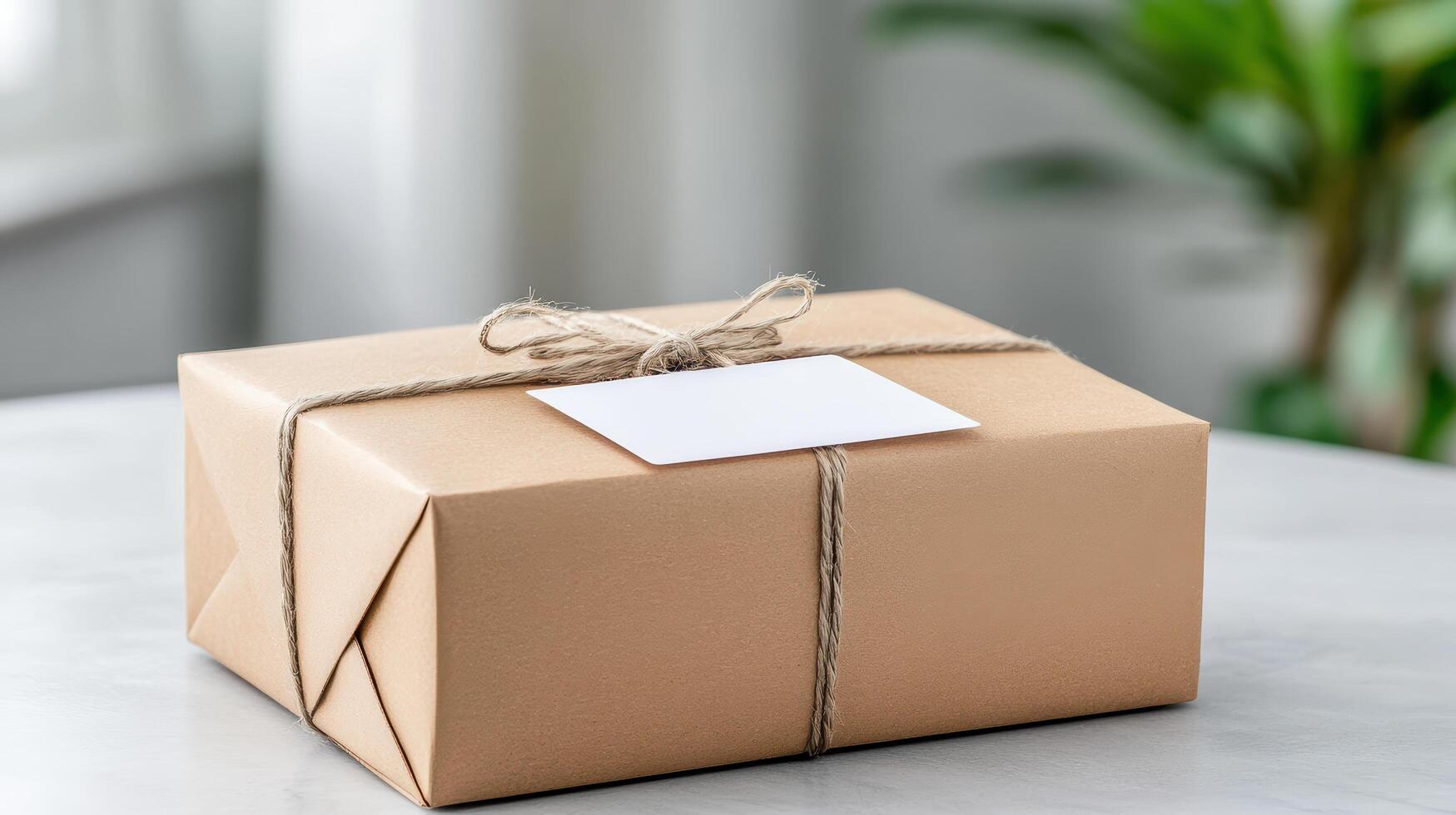 Brown paper box with a blank label on the front photo