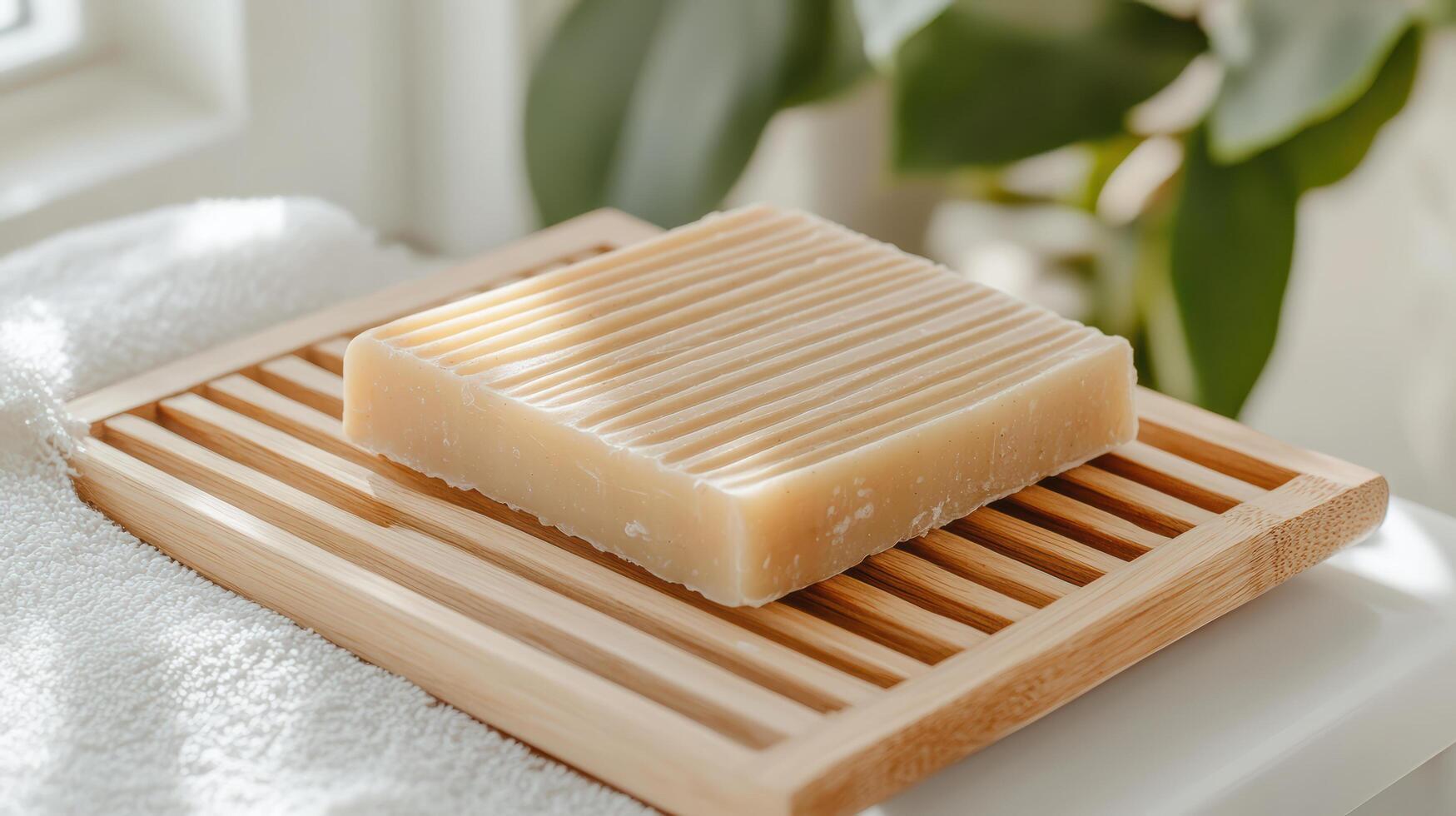 A wooden soap bar on a towel on a window sill photo
