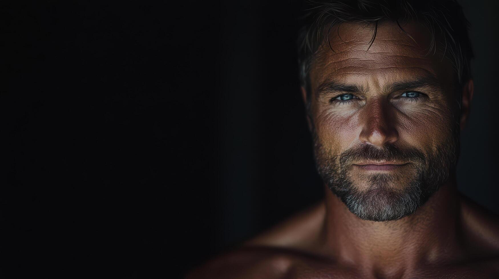 A man with no shirt on looking at the camera photo
