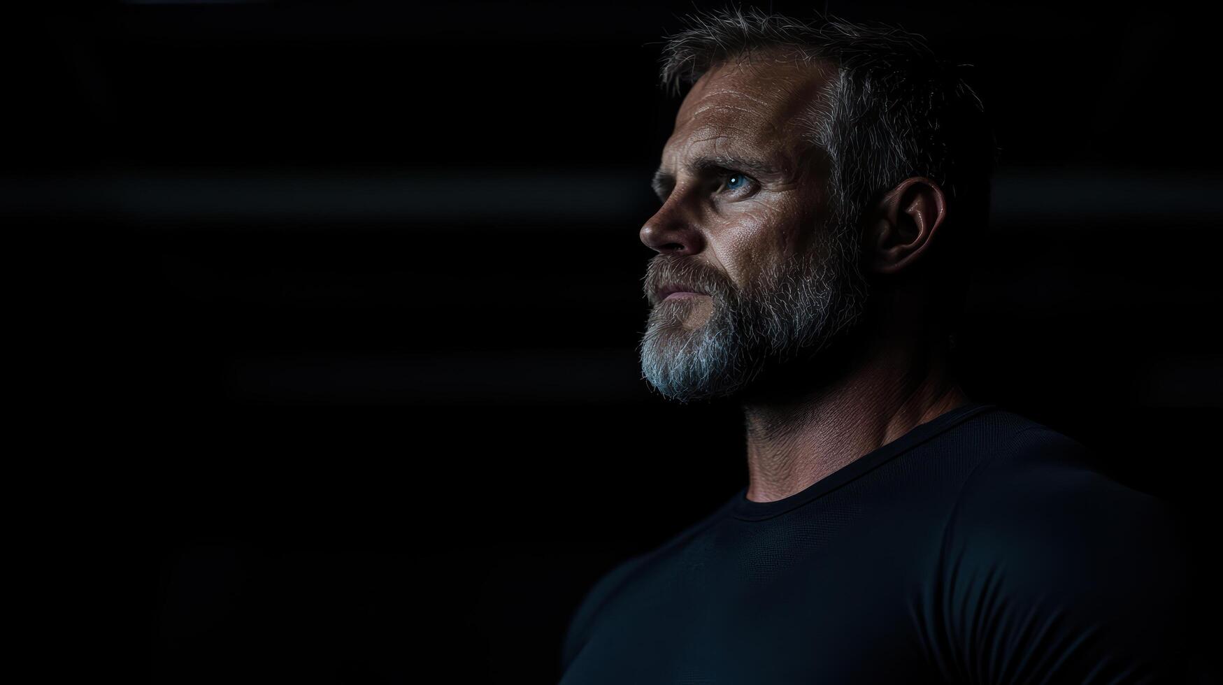 A man with a beard and a beard standing in front of a black background photo